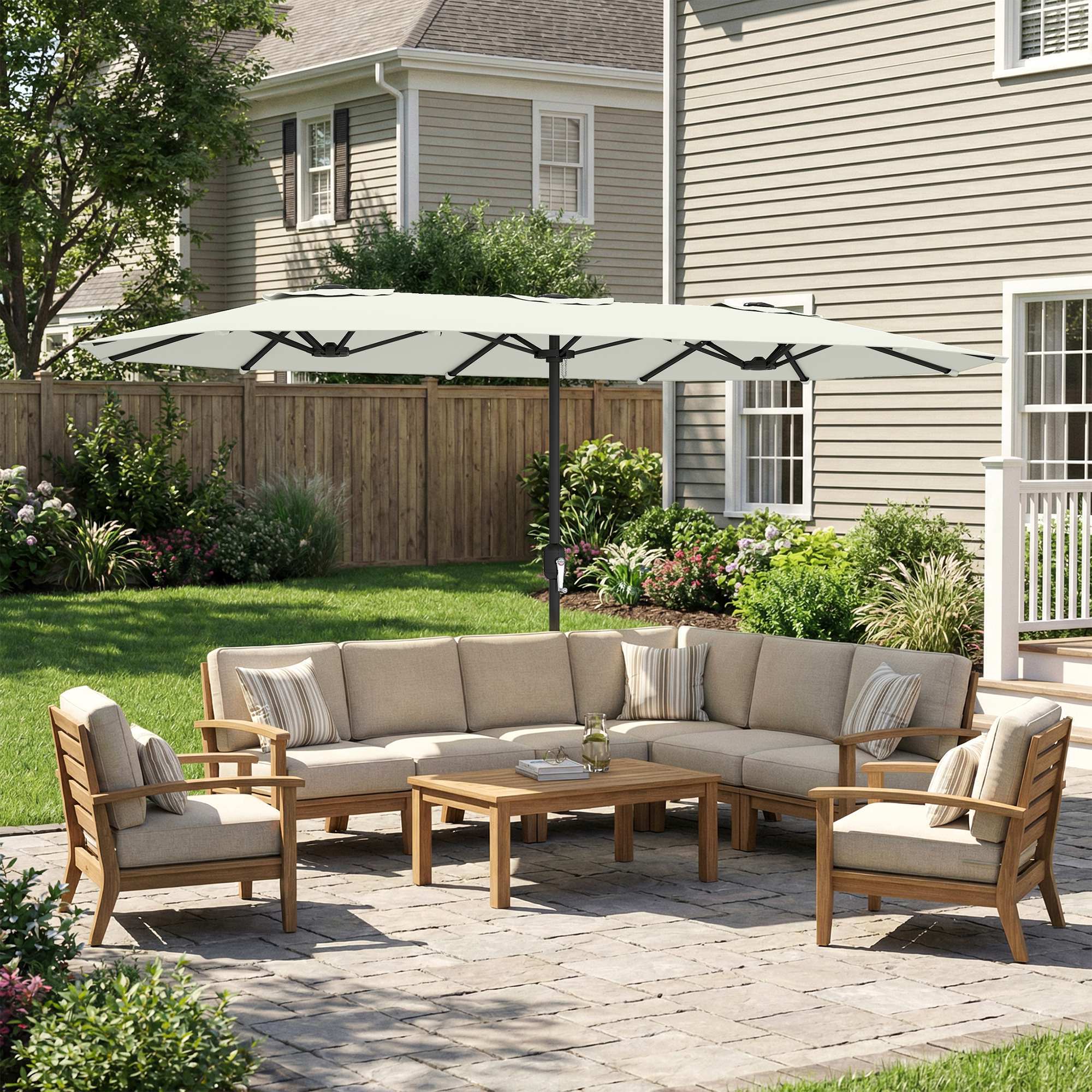 Sombrilla Doble 4,6x2,6 m, Sombrilla Terraza Exterior con Manivela Manual, Protección UV50+, Funda Protectora, Resistente al Agua, Parasol para Jardín, Terraza, Patio, Blanco Crema