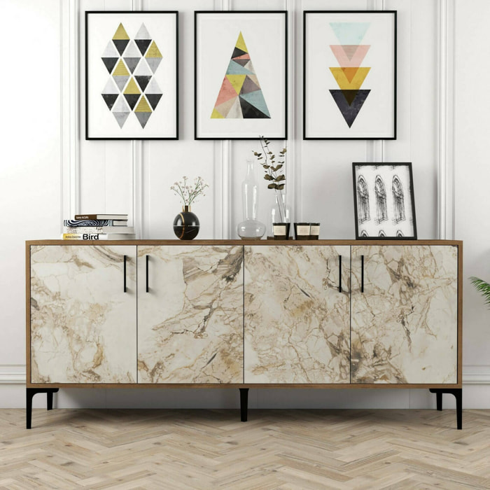 Credenza Dpedrol, Buffet da soggiorno, Madia da salotto, Dispensa da cucina, 180x35h78 cm, Noce e Bianco Marmo