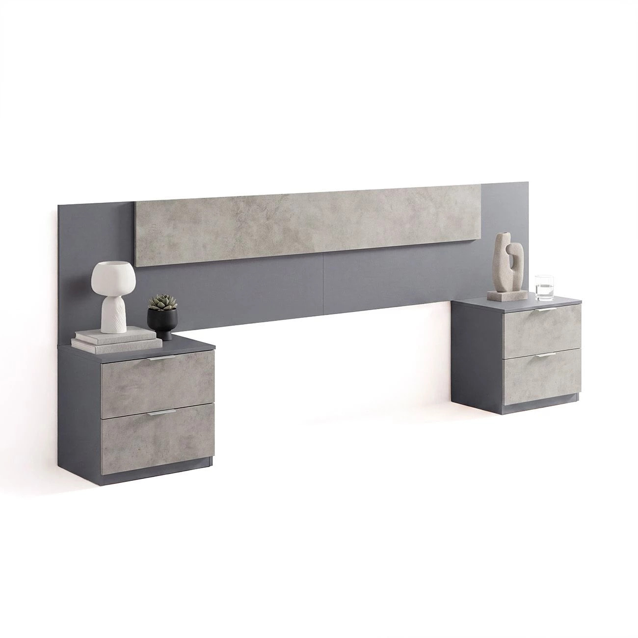 Cabecero para cama de 135-150 cm y 2 mesitas con cajones en gris grafito y gris cemento Akari Gris Grafito - Gris Cemento
