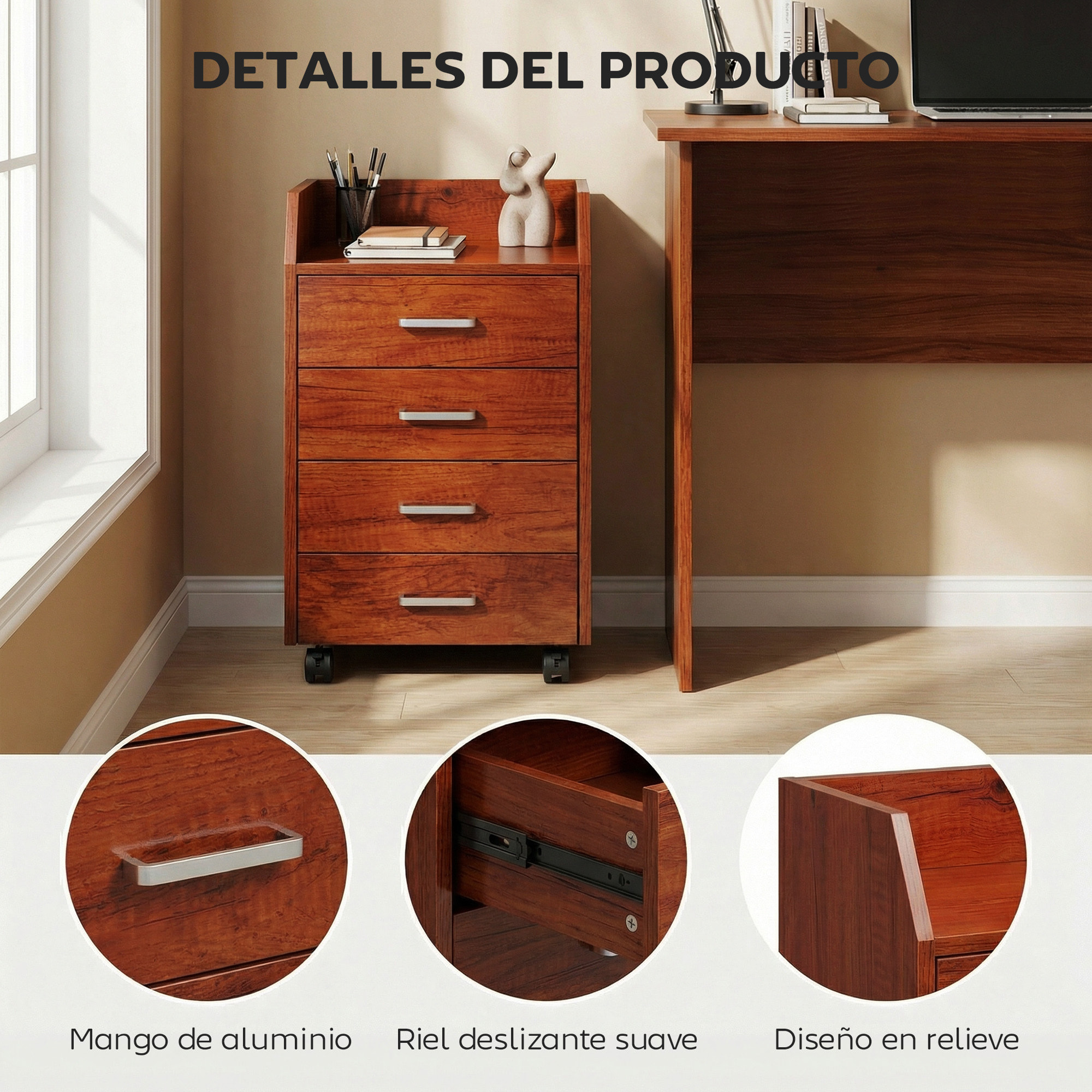 Cajonera de Escritorio con Ruedas, Cajonera de Oficina con 4 Cajones, Archivador Móvil para Estudio, Salón, para Debajo del Escritorio, 40x36x65 cm, Marrón