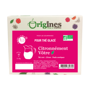 Citronnément Vôtre - Thé vert Bio citron et fruits gourmands - Infusettes Thé Glacé 5x8g