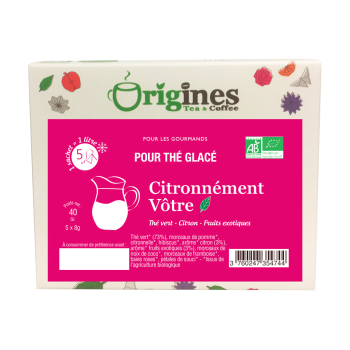 Citronnément Vôtre - Thé vert Bio citron et fruits gourmands - Infusettes Thé Glacé 5x8g