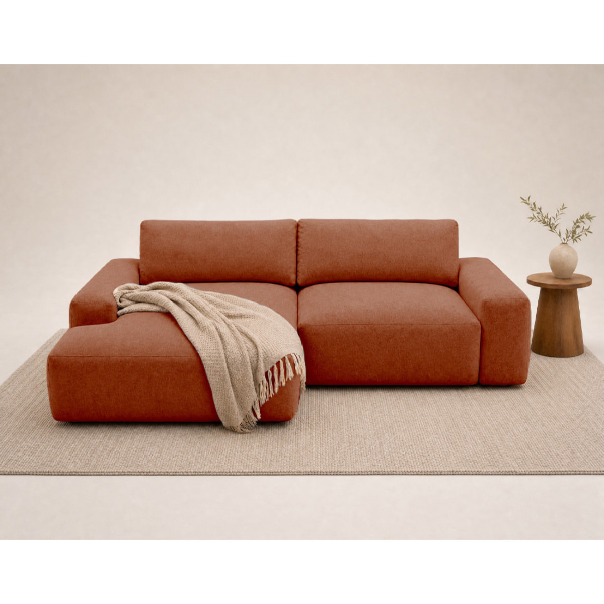 Tama - Canapé d'angle gauche 4 places convertible avec coffre en tissu - Terracotta