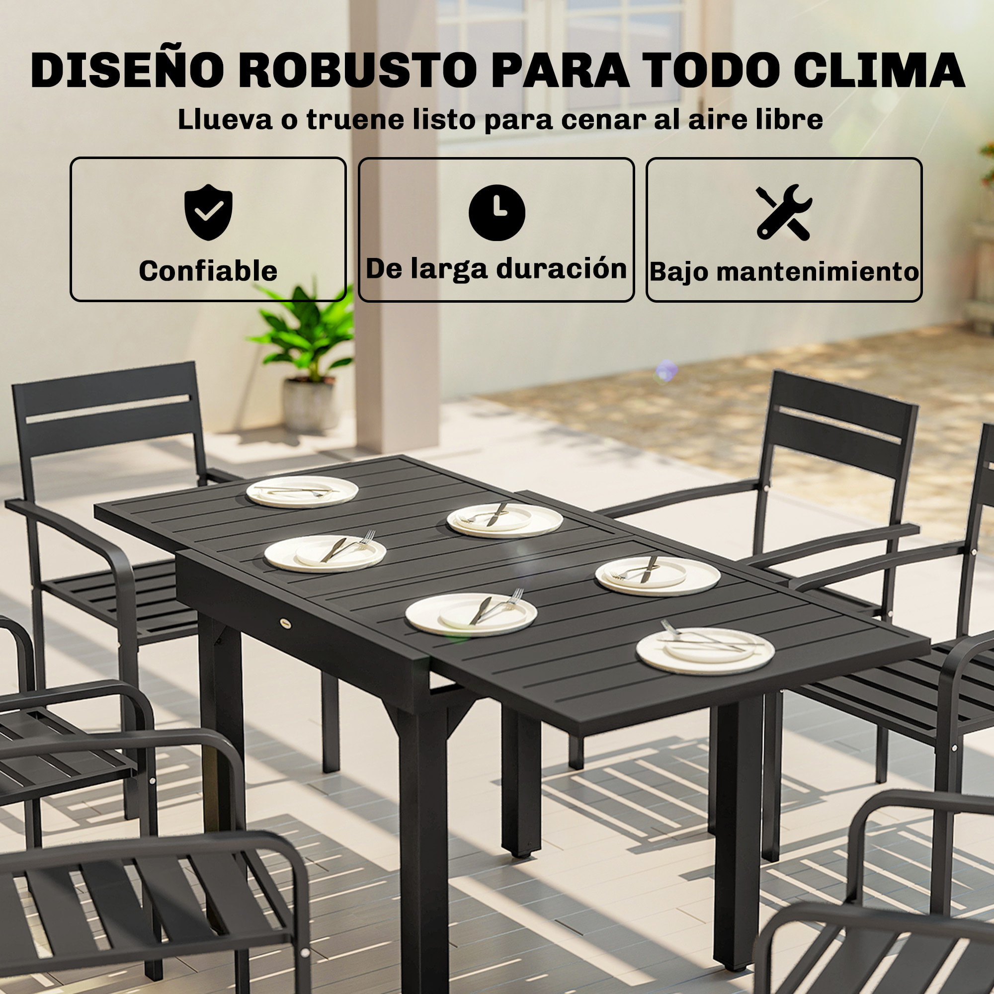 Mesa de Jardín Extensible, Mesa de Comedor Exterior Extensible 80/160x80 cm, de Aluminio, con Superficie de Lamas, Carga 70 kg, Mesita Rectangular para 4-6 Personas, para Patio, Terraza, Negro
