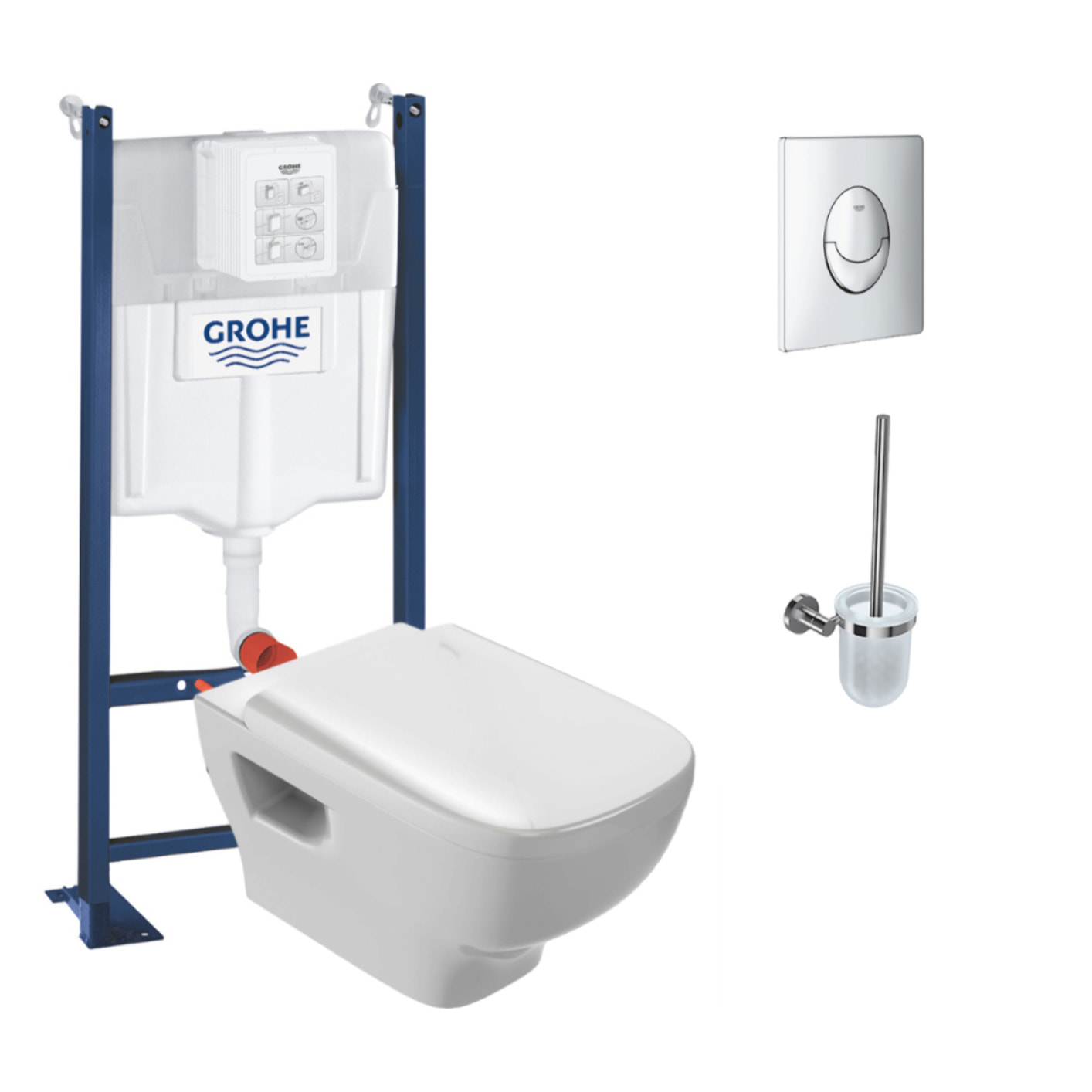 Pack WC suspendu sans bride Struktura + Bati-support GROHE + plaque Start chrome + porte-balai rond