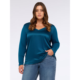 Fiorella Rubino - T-shirt bimaterica con scollo a V e maniche lunghe - Ottanio