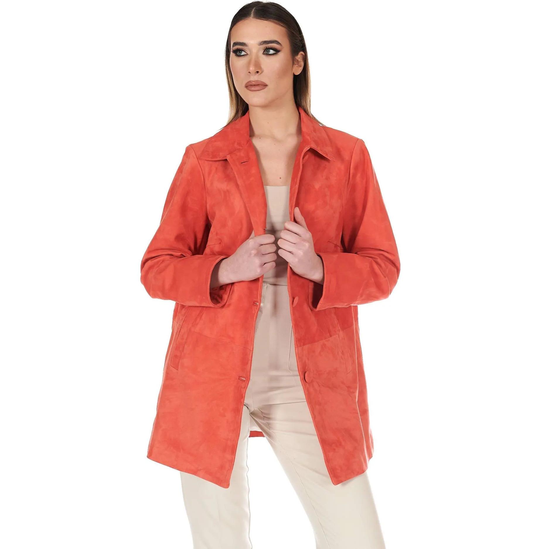 Giacca in pelle camoscio arancio monopetto versione oversize