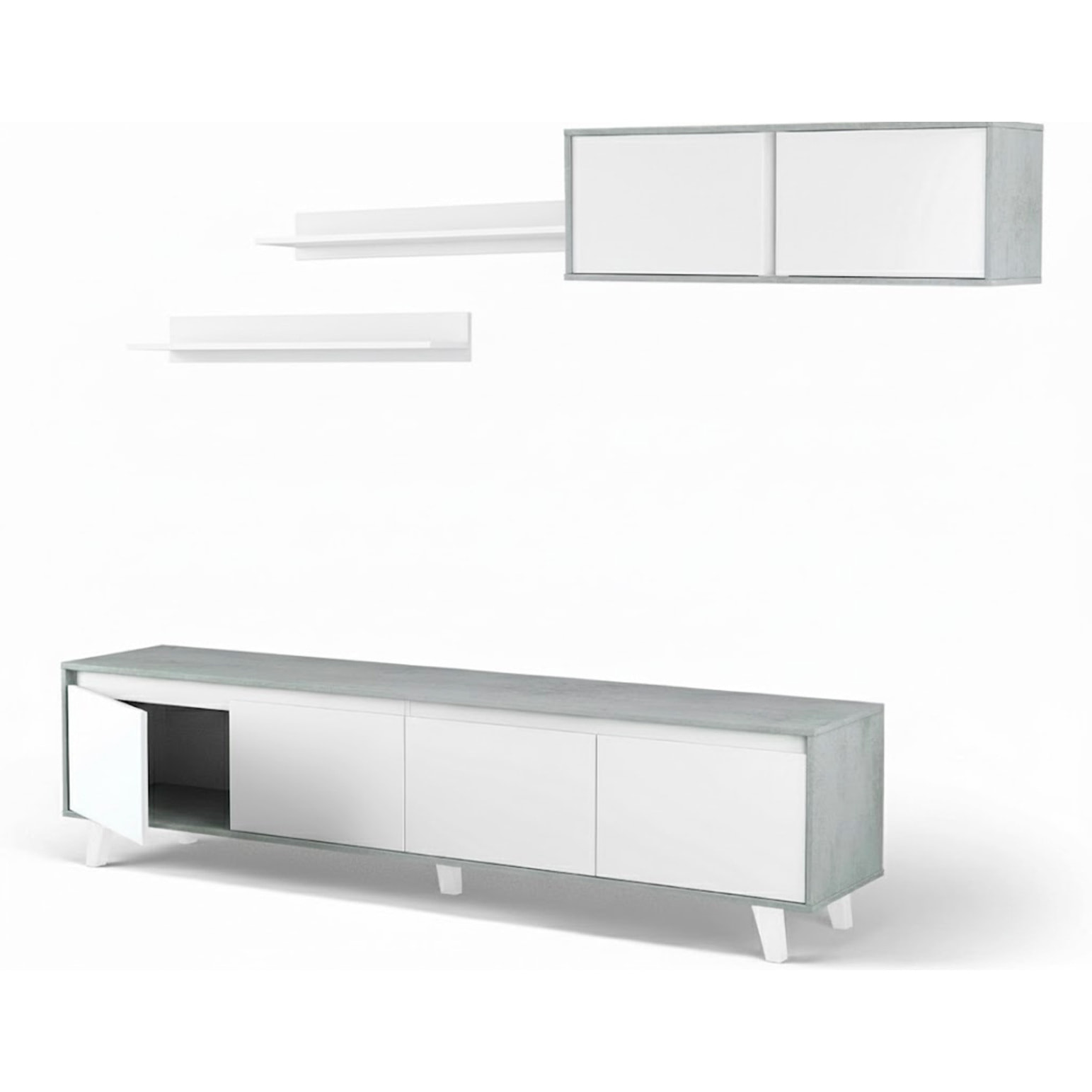 Parete Attrezzata Mobile Porta TV Con Pensile E Mensole Set Da Soggiorno Design Moderno Per Televisori Fino A 77” 200x41x50 Cm Bianco E Grigio Cemento