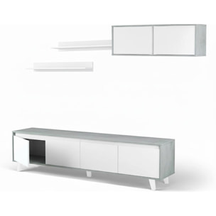 Parete Attrezzata Mobile Porta TV Con Pensile E Mensole Set Da Soggiorno Design Moderno Per Televisori Fino A 77” 200x41x50 Cm Bianco E Grigio Cemento