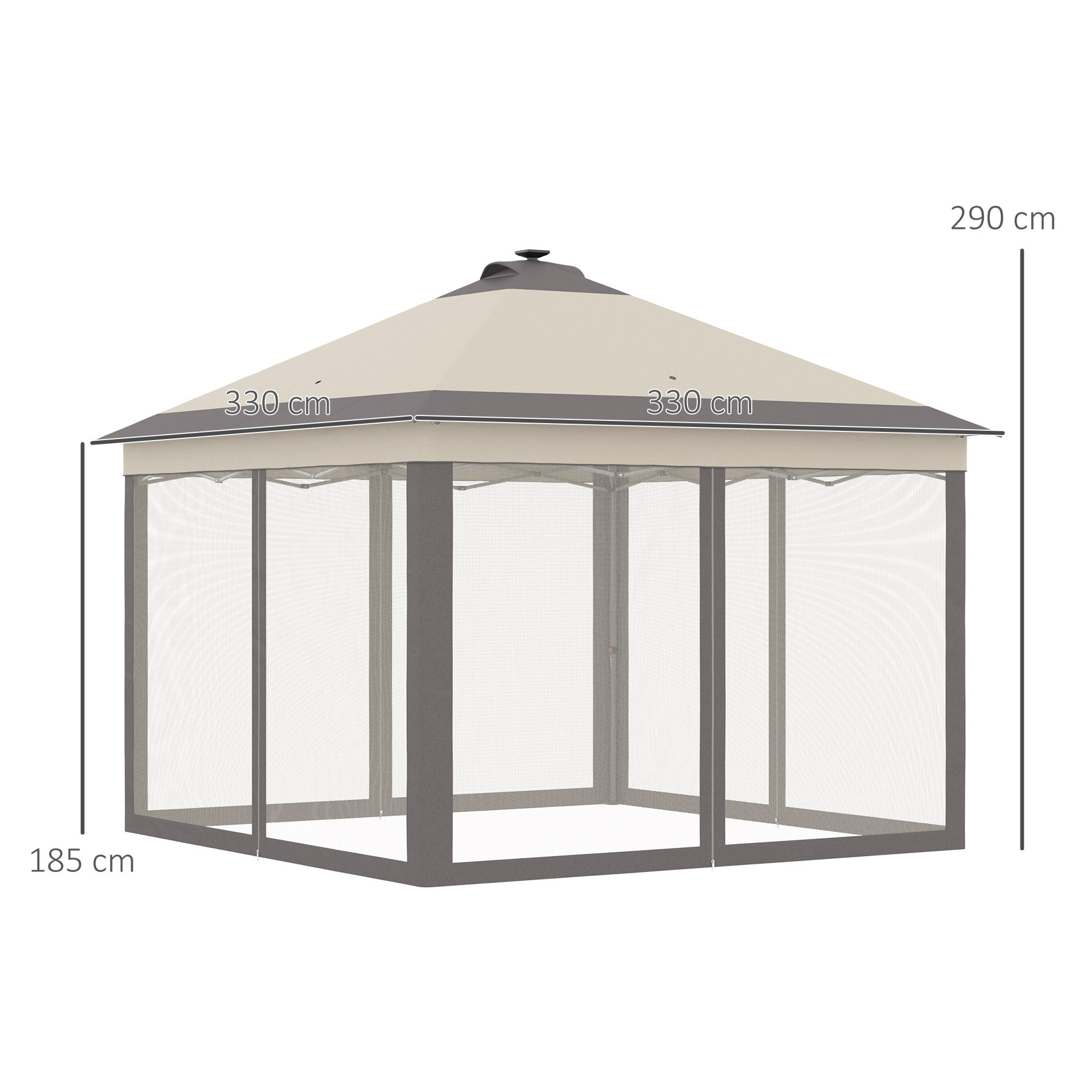 Carpa Plegable con Luces LED 3,3x3,3 m Cenador de Jardín con Control Remoto 4 Paredes Laterales de Malla Altura Ajustable y Bolsa de Transporte para Patio Fiestas Beige