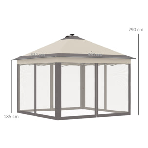 Carpa Plegable con Luces LED 3,3x3,3 m Cenador de Jardín con Control Remoto 4 Paredes Laterales de Malla Altura Ajustable y Bolsa de Transporte para Patio Fiestas Beige