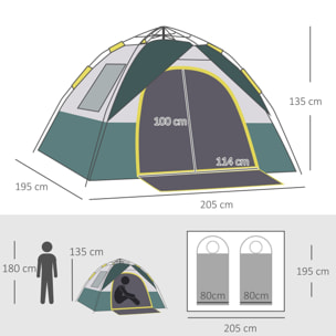 Tienda de Campaña para 3 Personas Tienda Camping Plegable con 1 Puerta 3 Ventanas Bolsa de Transporte y Apertura Automática para Playa Parque 205x195x135 cm Verde