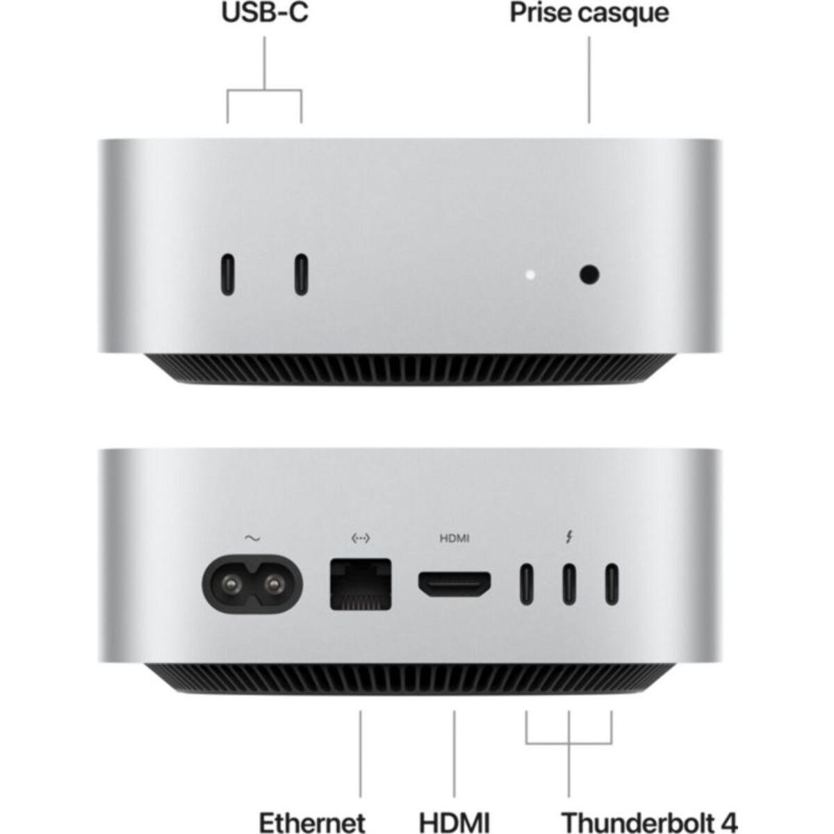 Ordinateur Apple MAC MINI Puce M4 CPU 10 / GPU 10 coeurs Mémoire RAM 16Go Stockage 512Go SSD Argent