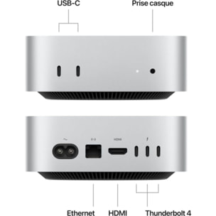 Ordinateur Apple MAC MINI Puce M4 CPU 10 / GPU 10 coeurs Mémoire RAM 16Go Stockage 512Go SSD Argent