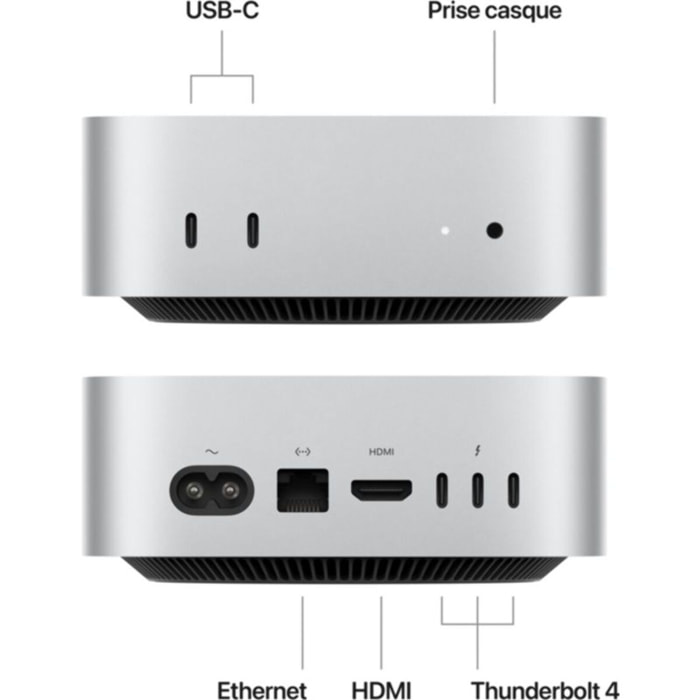 Ordinateur Apple MAC MINI Puce M4 CPU 10 / GPU 10 coeurs Mémoire RAM 16Go Stockage 512Go SSD Argent