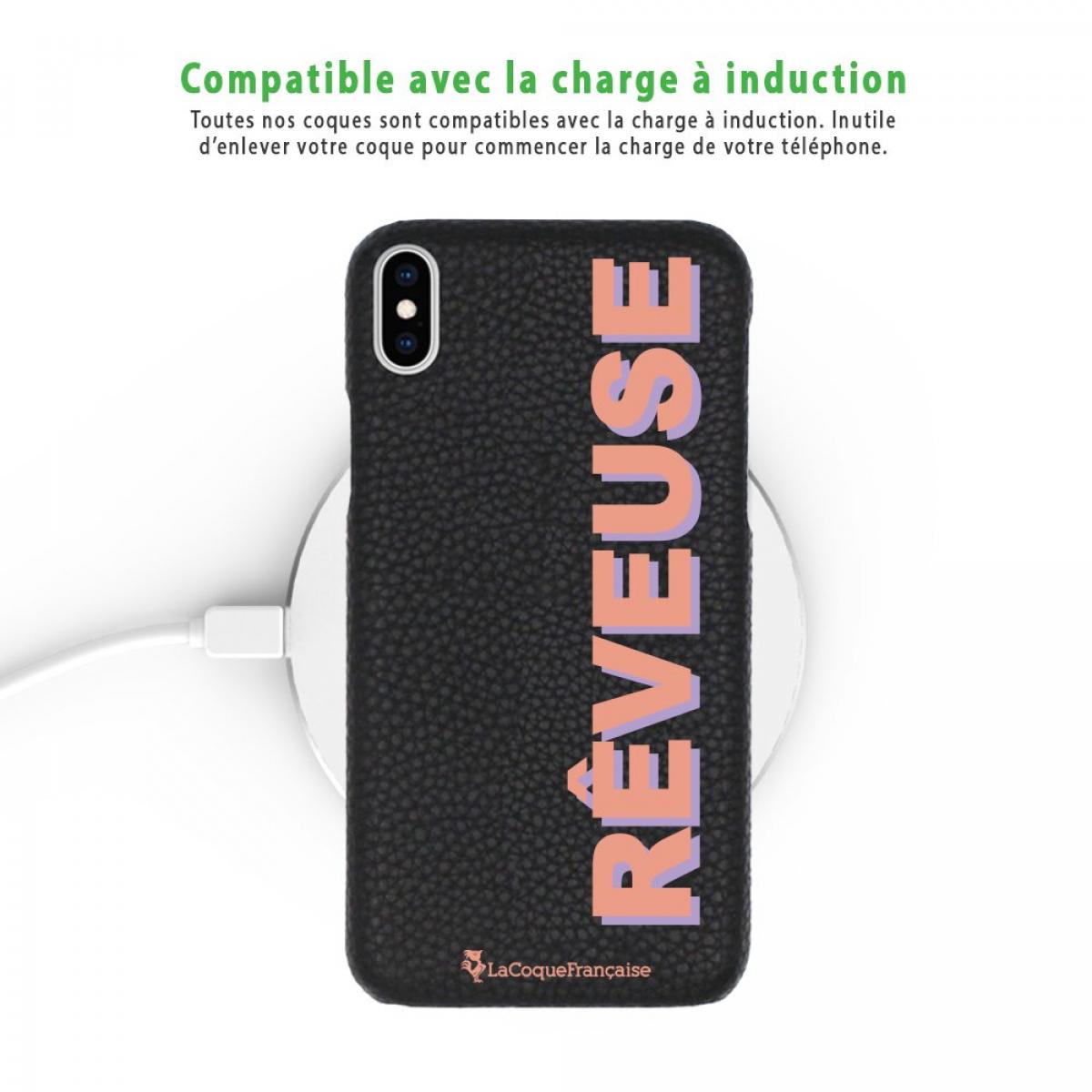 Coque iPhone X/XS effet cuir grainé noir Rêveuse corail et parme Design La Coque Francaise