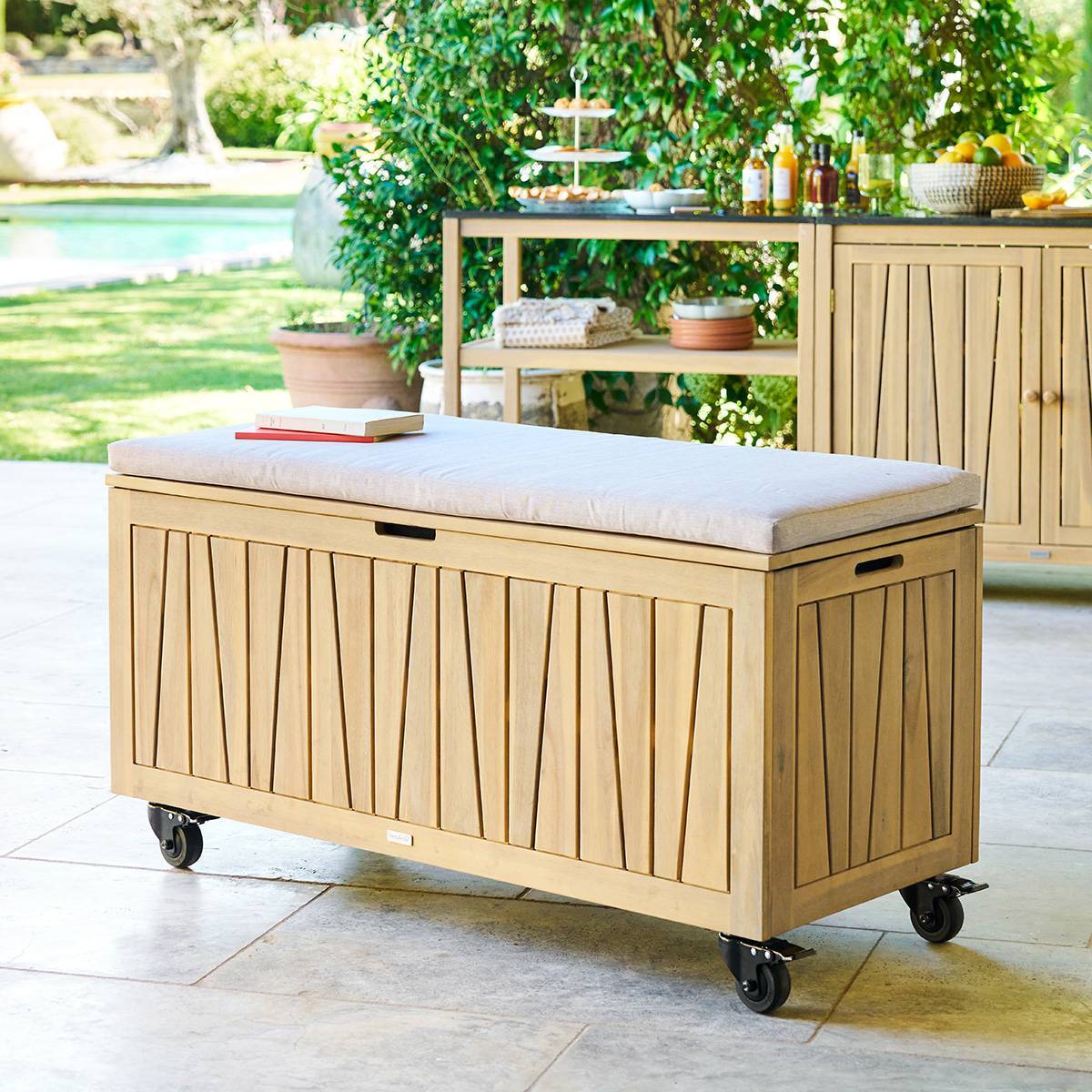 Coffre de rangement 210L avec assise Lodgia beige acacia