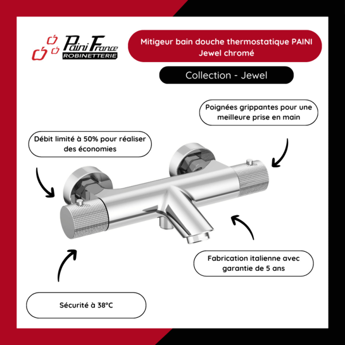 Mitigeur bain douche thermostatique PAINI Jewel chromé