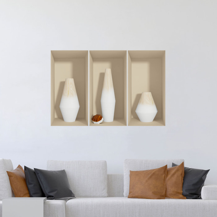 Stickers muraux 3D | Sticker Mural Autocollant effet 3D Vases en bois blanc - Stickers adhésifs 3D Chambre Salon Trompe l'oeil