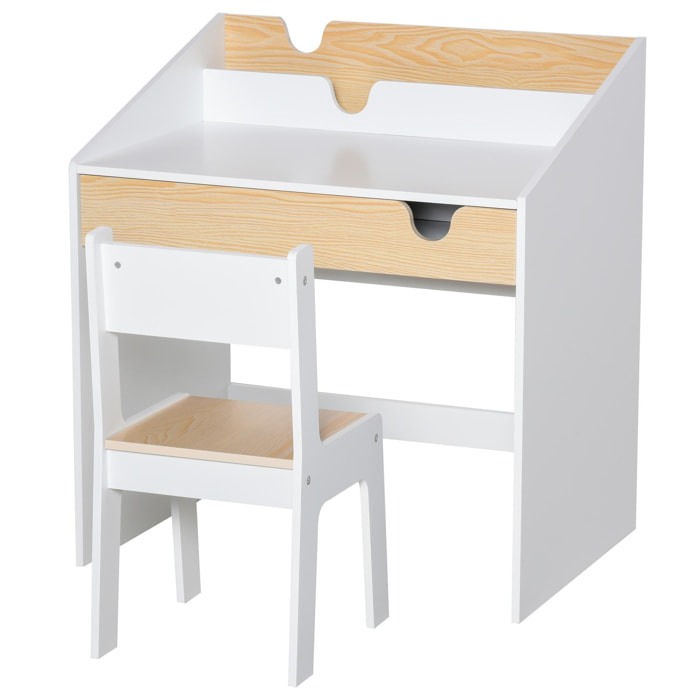 Bureau enfant style scandinave - ensemble bureau et chaise - tiroir coulissant, présentoir livres - MDF blanc aspect bois de pin