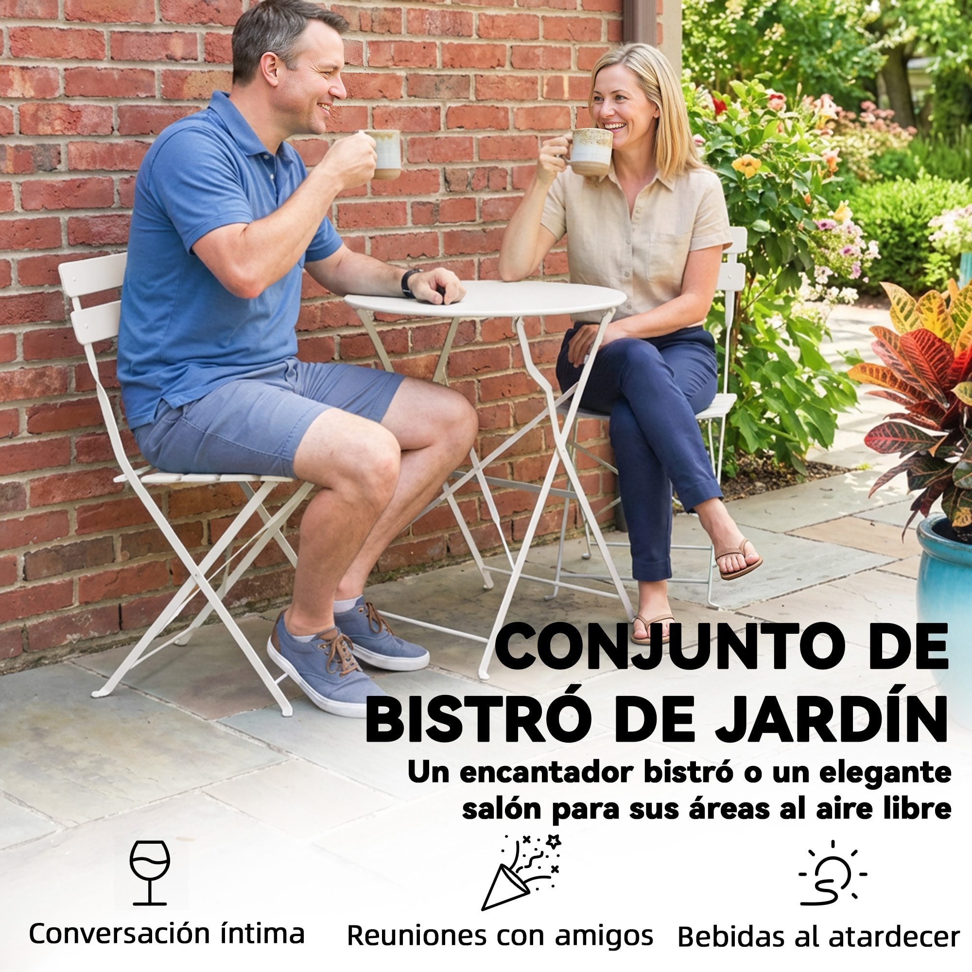 Conjunto de Mesa y Sillas de Terraza Exterior Plegable 3 Piezas, Muebles de Jardín Exterior con 2 Sillas Plegables, Mesa Redonda, Estructura Metálica Electrofórica para Patio, Balcón, Crema