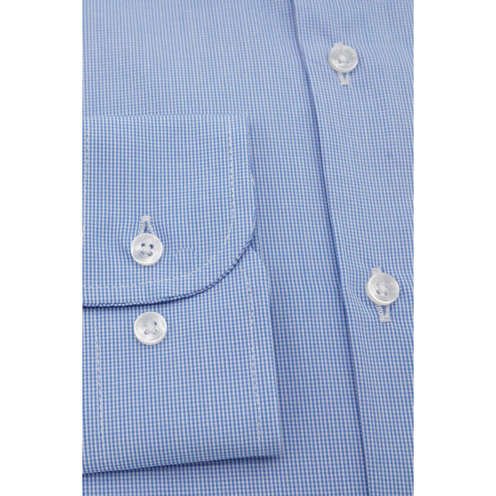 Camicia Uomo 1 Bottone Francese Slim Popeline Quadro Piccolo Blu\Bianco
