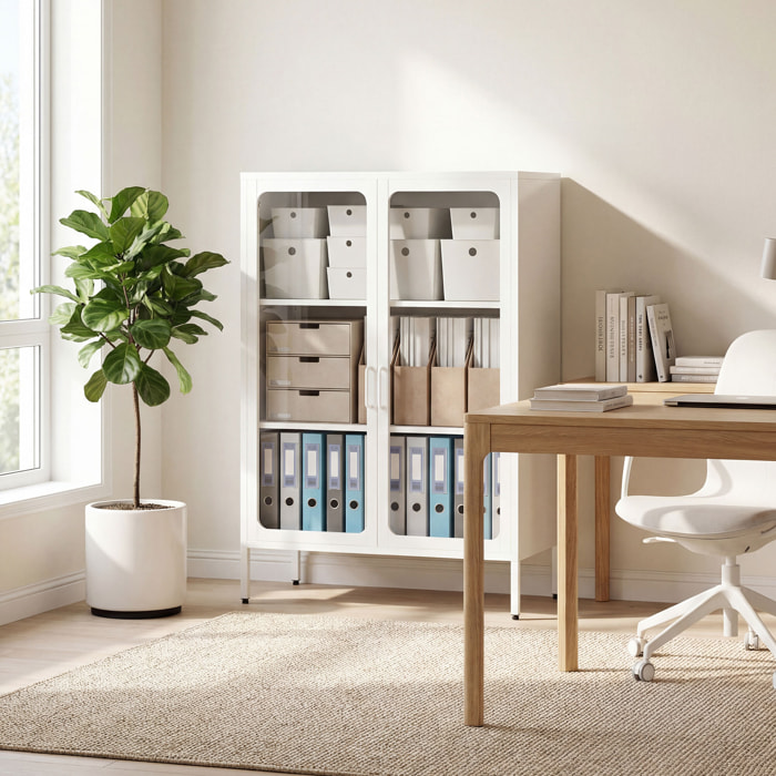 Armoire métal vitrine sur pieds 2 portes 2 étagères blanc