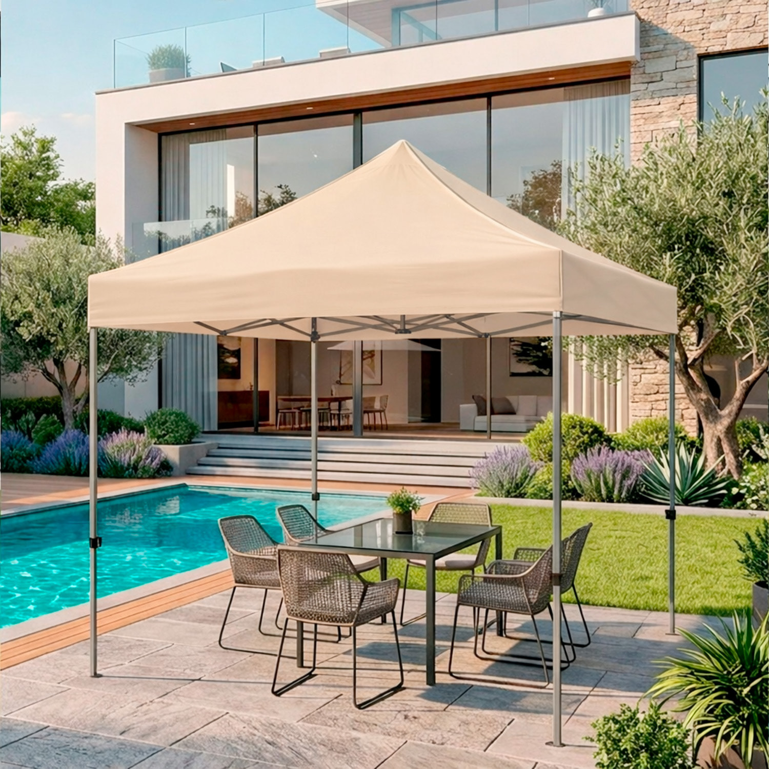 Gazebo Professionale 3x3 M Richiudibile Automatico In Acciaio Con Telo Oxford 1200D PVC Impermeabile e Anti UV A Fisarmonica con Sacche Beige