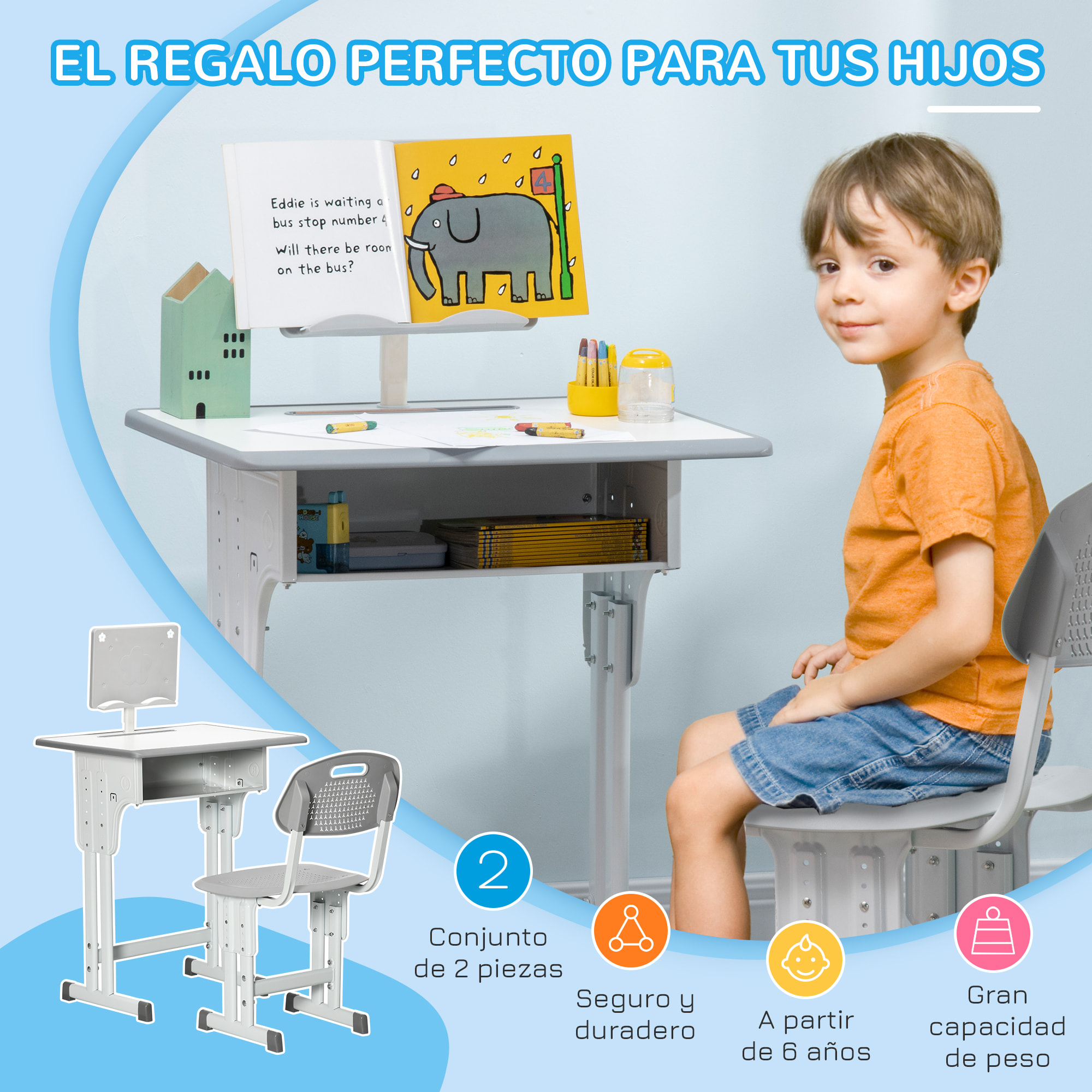 Juego de Escritorio y Silla para Niños de 6-12 Años Pupitre Infantil Altura Ajustable con 1 Cajón 1 Ranura para Lápiz y 1 Estante para Libros Acero 60x45x90-102 cm Gris