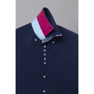 Camicia Uomo 2 Bottoni Button Down 7bottoni Doppio Coll Satin Unito Blu