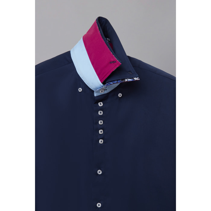 Camicia Uomo 2 Bottoni Button Down 7bottoni Doppio Coll Satin Unito Blu