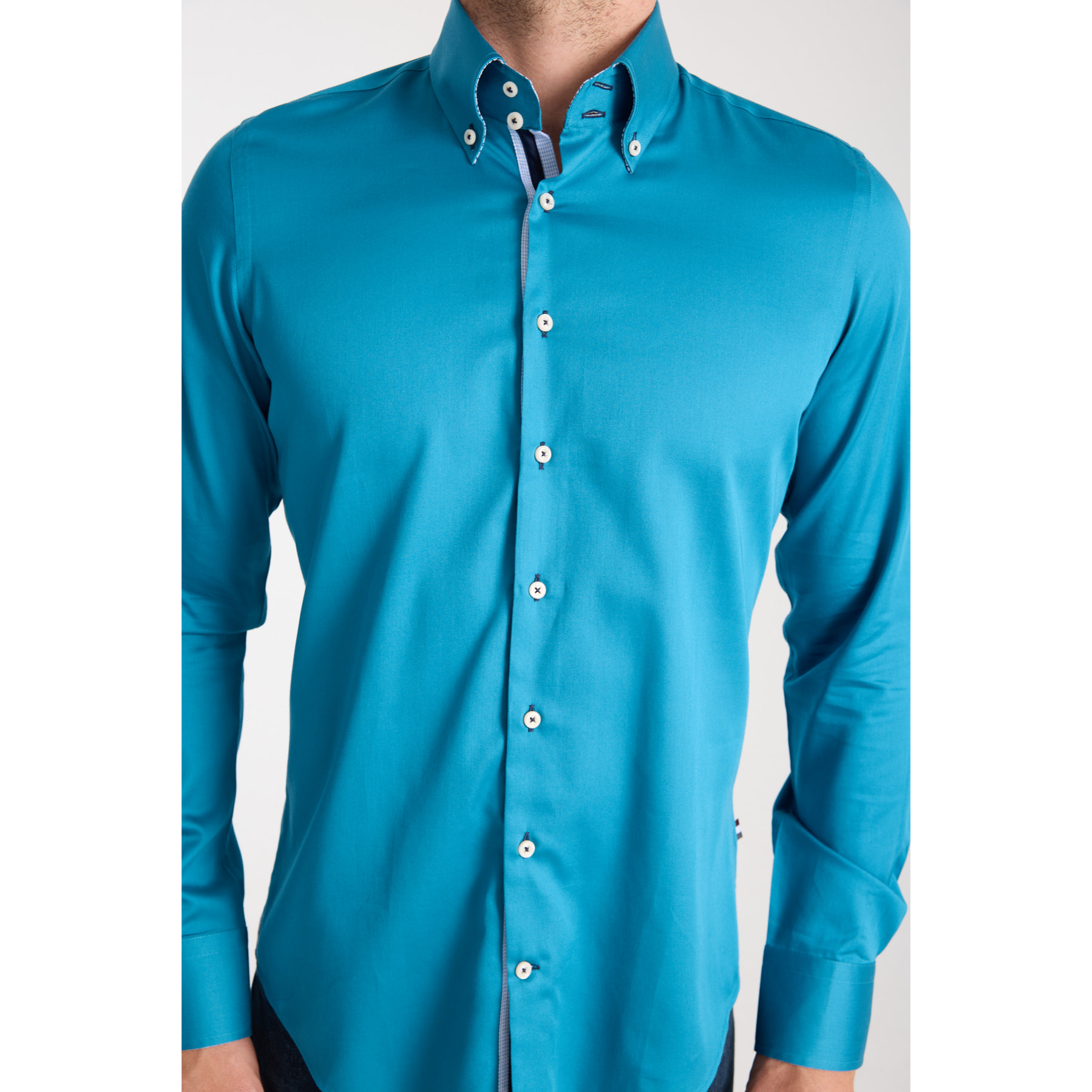 Camicia Uomo 2 Bottoni Button Down Slim Satin Unito Verde Ottanio