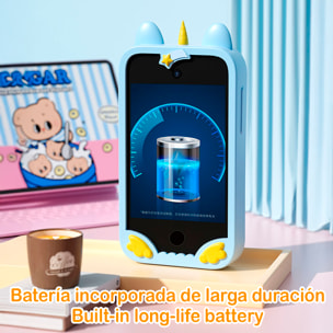 Cámara infantil K8 con forma de teléfono. Con cámara dual de hasta 12MP, video de 1080p y pantalla táctil IPS de 2.8". Con funda de silicona de unicornio.
