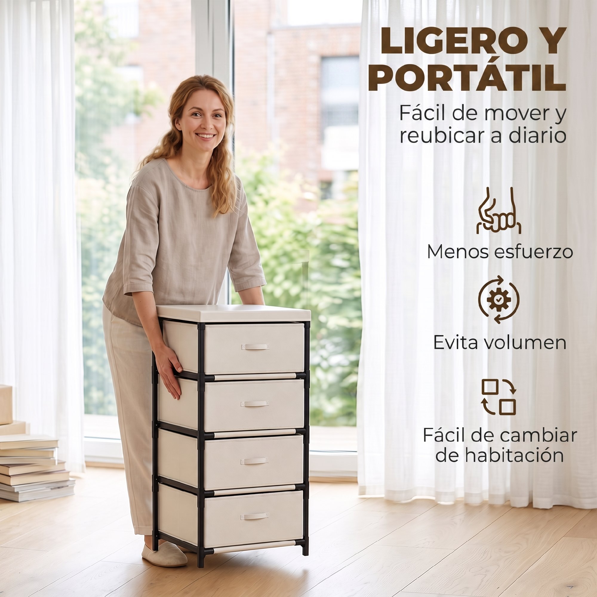 HOMCOM Cómoda con 4 Cajones de Tela, Cómoda para Dormitorio, Marco de Acero, Montaje Rápido, Cajonera para Salón, Oficina, Vestidor, Beige
