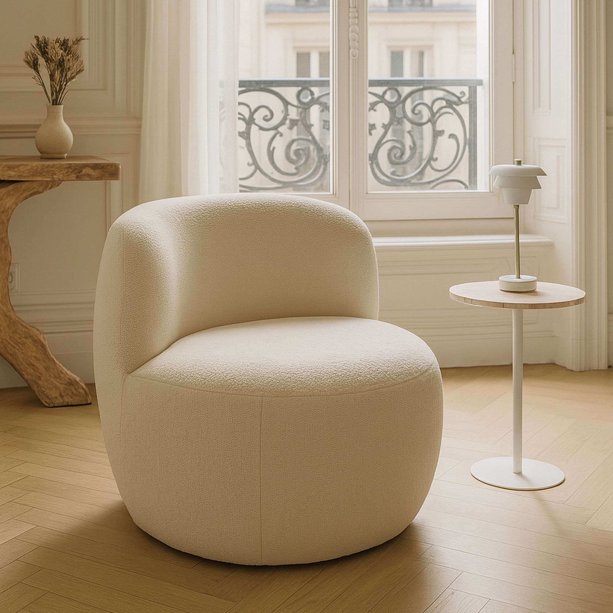 Fauteuil en tissu bouclette beige et structure en bois MALO
