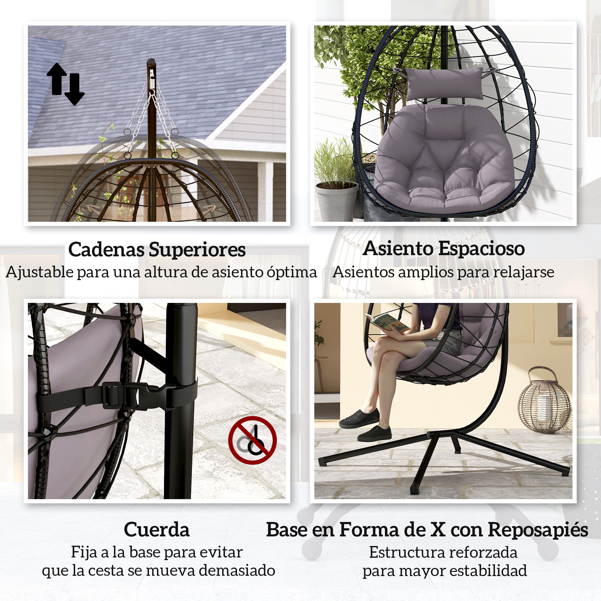 Silla Colgante Huevo con Soporte Columpio Jardín Exterior con Cesta Plegable Cojín y Reposacabezas Columpio Colgante para Interior y Exterior Carga 120 kg Gris