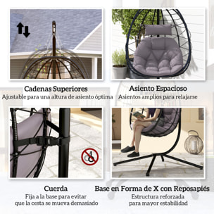 Silla Colgante Huevo con Soporte Columpio Jardín Exterior con Cesta Plegable Cojín y Reposacabezas Columpio Colgante para Interior y Exterior Carga 120 kg Gris