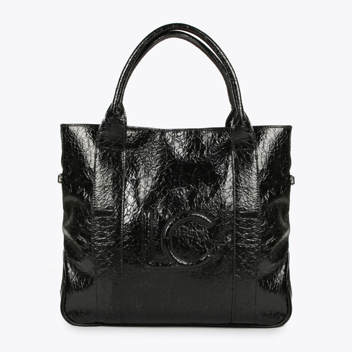 Borsa shopper con effetto pelle lucida e logo frontale in rilievo