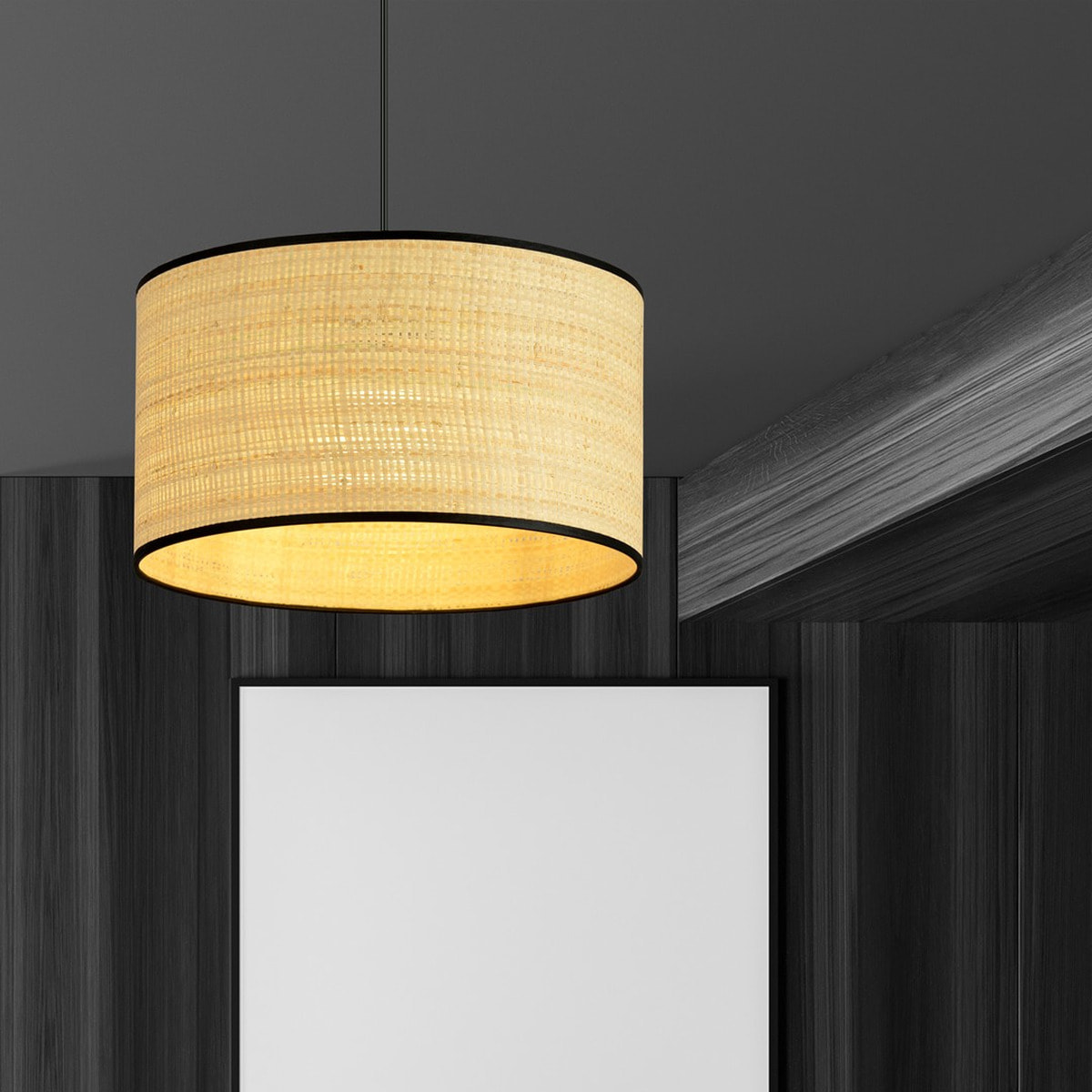 Lampada a sospensione ASTON in rattan naturale e acciaio nero