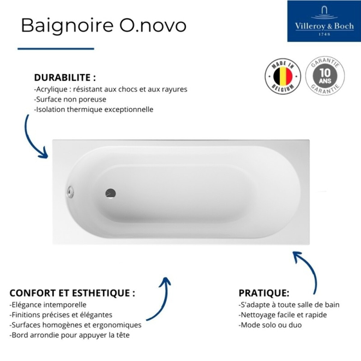 Baignoire droite VILLEROY ET BOCH O Novo + pieds + robinet