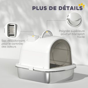 Maison de toilette bac à litière fermé acier inox - pelle, couvercle amovible, porte, désodorisant - blanc