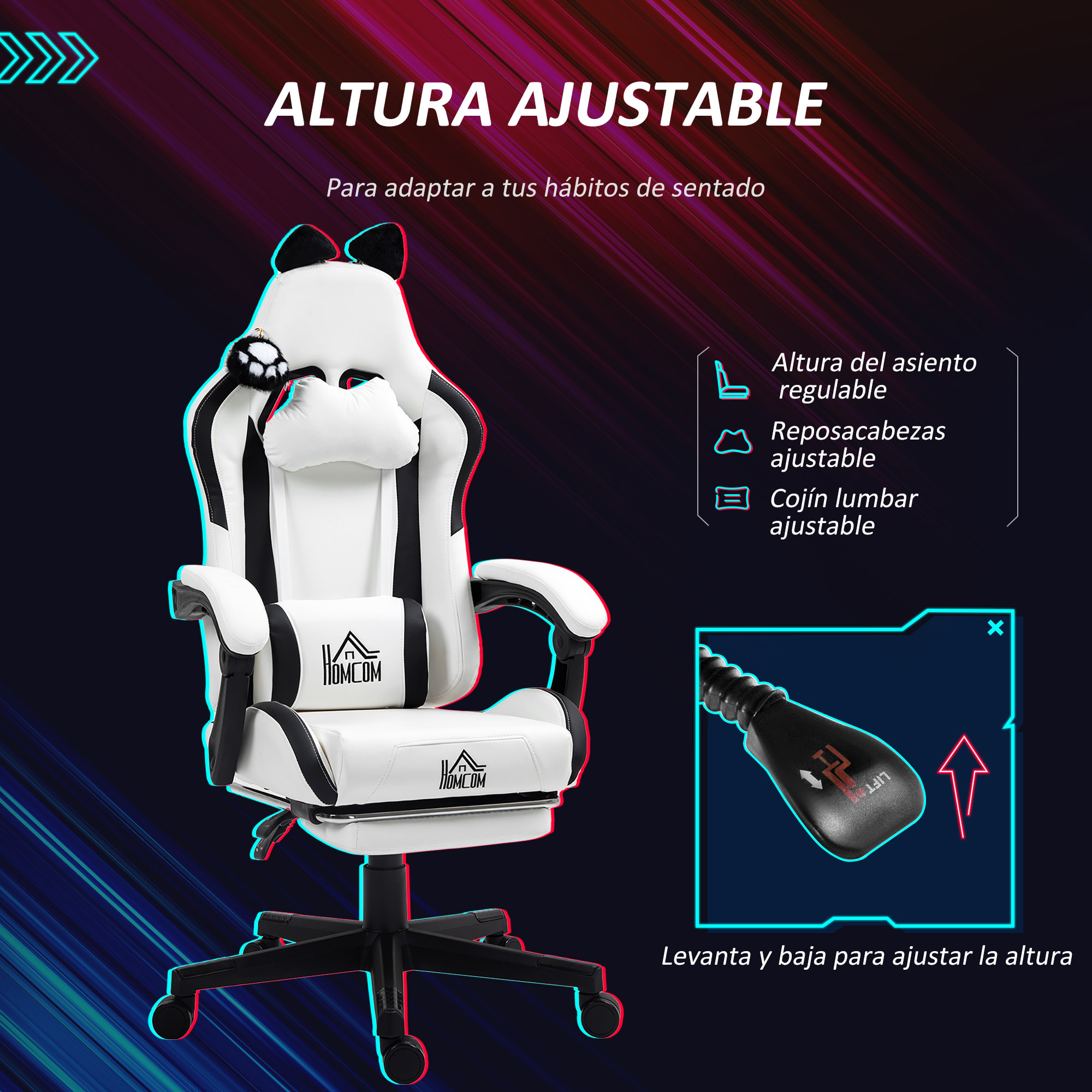 Silla Gaming con Orejas Silla Gamer Reclinable con Altura Ajustable Reposapiés Retráctil Soporte Lumbar y Reposacabezas Desmontable Silla para Oficina Estudio Blanco