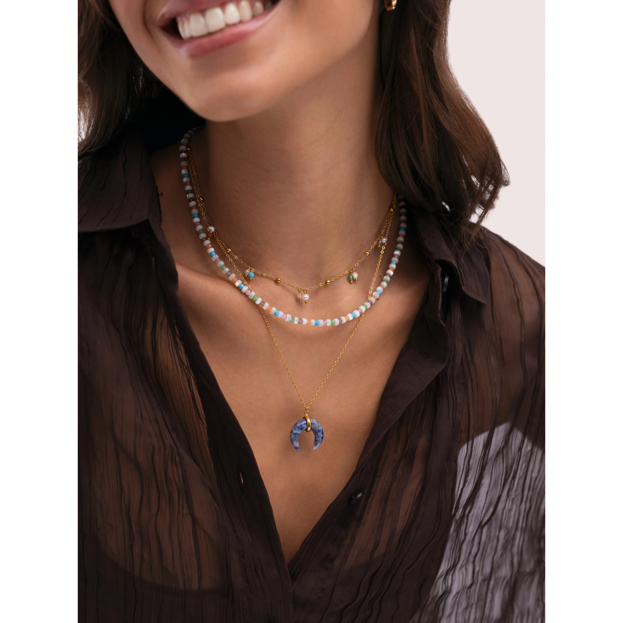 Collar Mini Moon Azul Acero Baño Oro