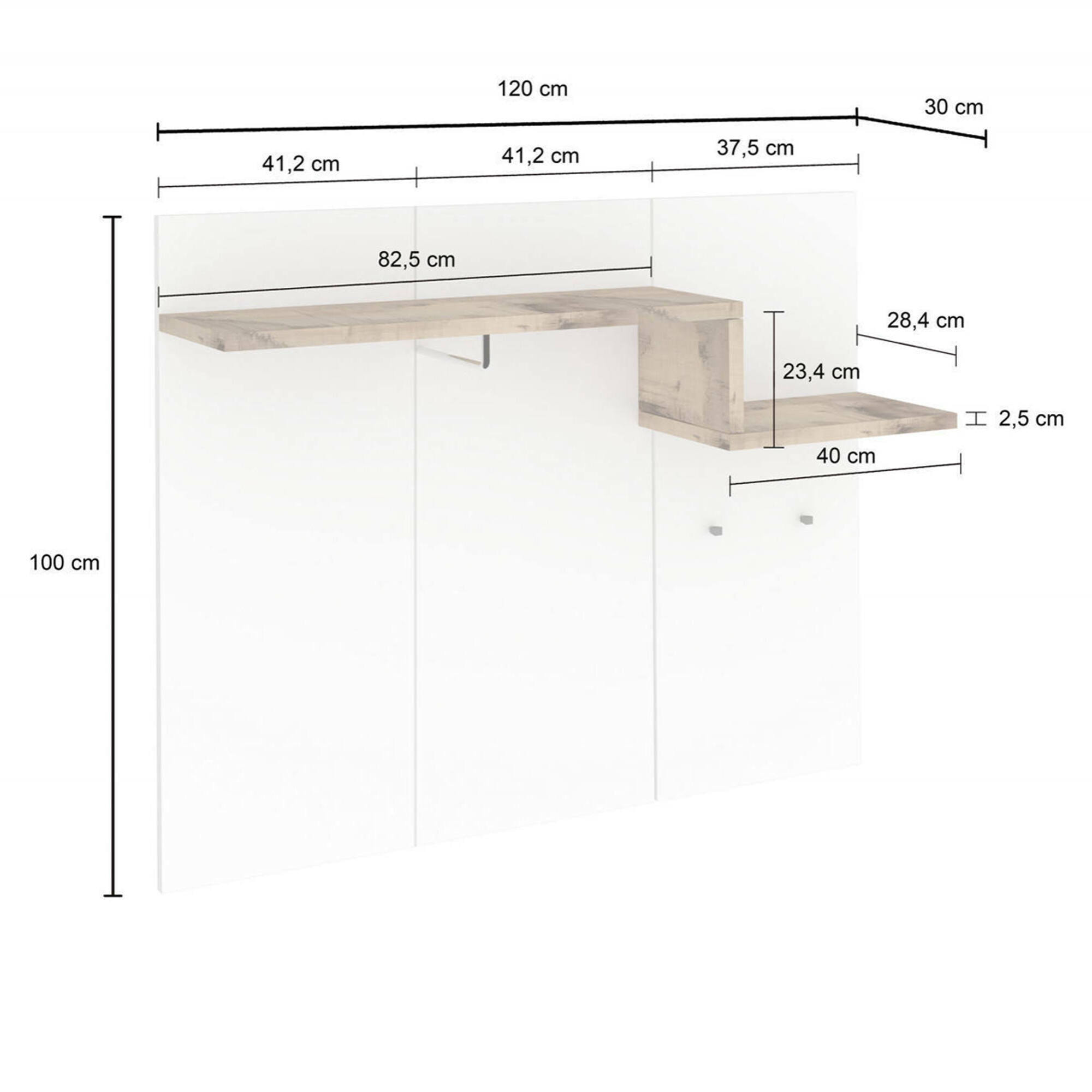 Mobile da ingresso Mugello, Entratina moderna multifunzione, Armadietto multiuso per atrio, 100% Made in Italy, cm 120x30h100, Bianco lucido e Acero