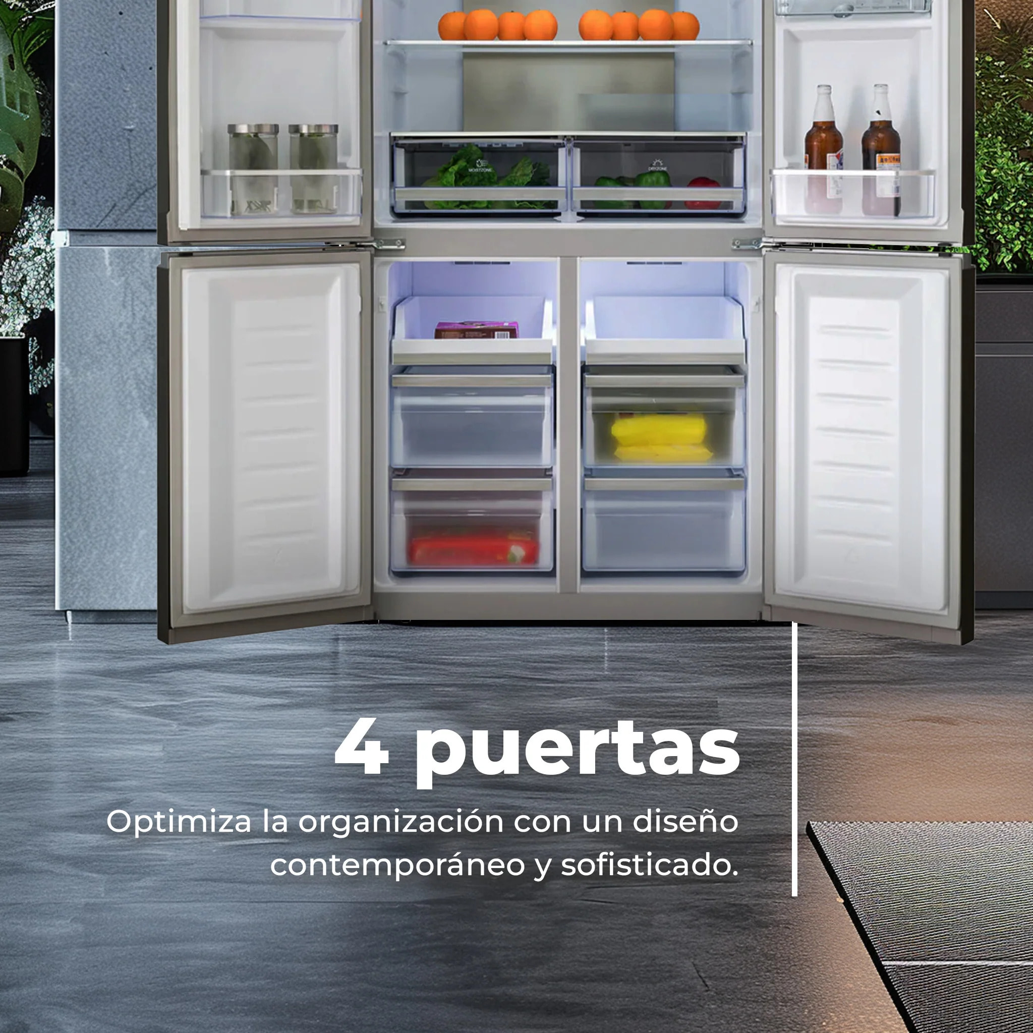 EVVO Frigorífico 4 puertas F100 Glass, Inverter, Total No Frost, 321l + 169l, Dispensador de agua