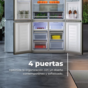 EVVO Frigorífico 4 puertas F100 Glass, Inverter, Total No Frost, 321l + 169l, Dispensador de agua