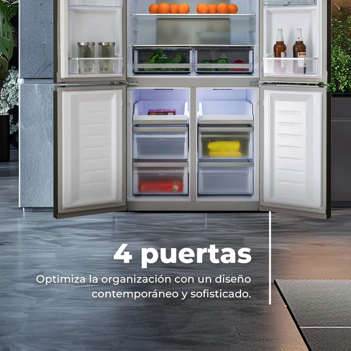 EVVO Frigorífico 4 puertas F100 Glass, Inverter, Total No Frost, 321l + 169l, Dispensador de agua