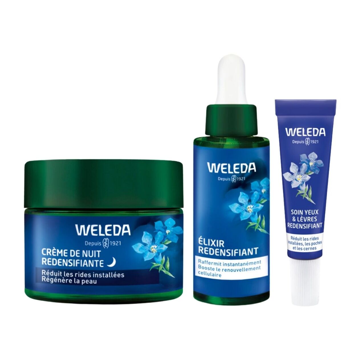 WELEDA - Trio - Crème de Nuit - Contour des yeux - Elixir -Gentiane Bleue et Edelweiss - Vegan - Certifié Natrue - Pot 40 ml x3 -Tube 10ml - 30 ml