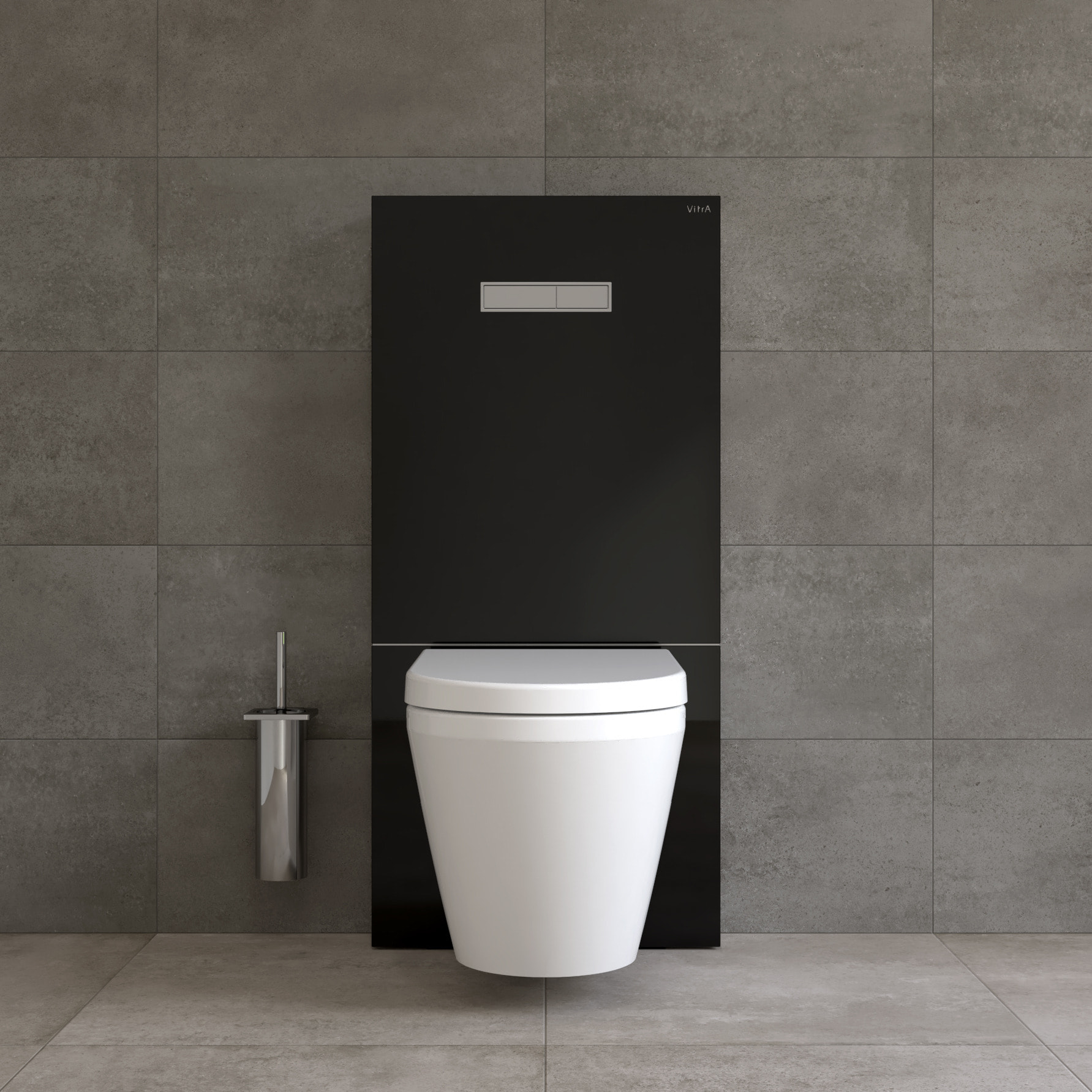 Pack WC Bâti support en verre trempé/aluminium brossé avec plaque intégrée, Noir + WC suspendu avec Abattant en Duroplast