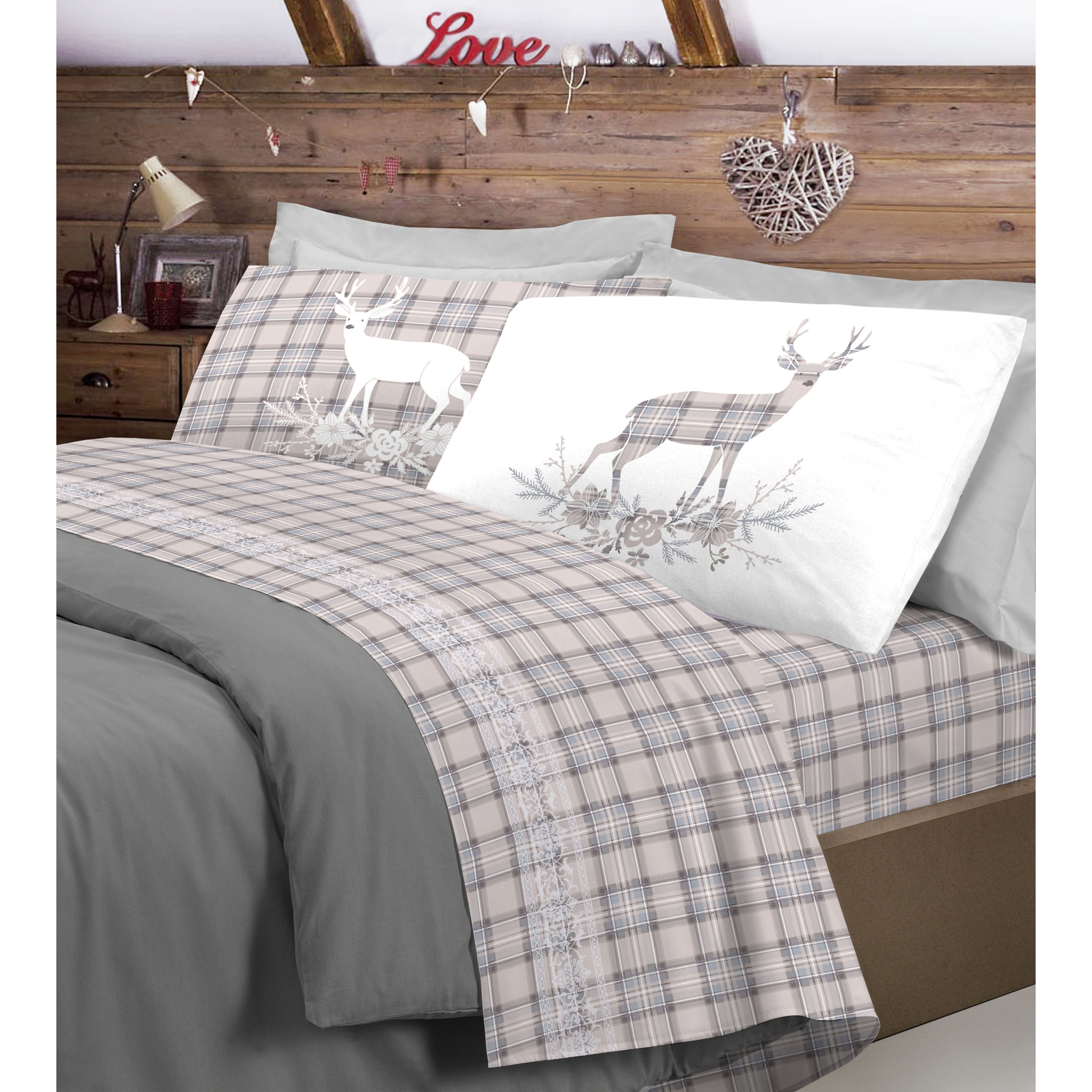 Completo Lenzuola Flanella Cervo Tartan Beige